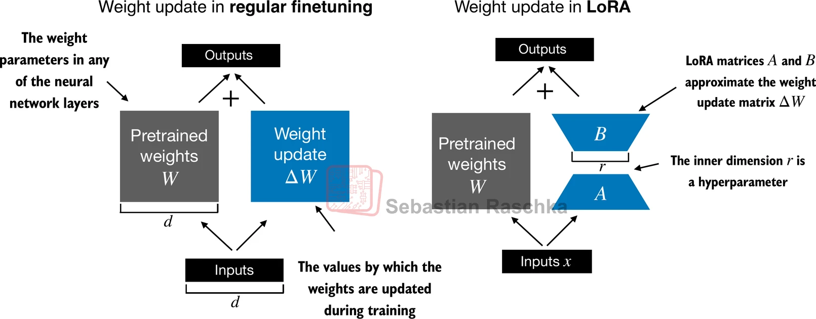 The repo’s LoRA introduction contrasts full finetuning with low-rank adaptation