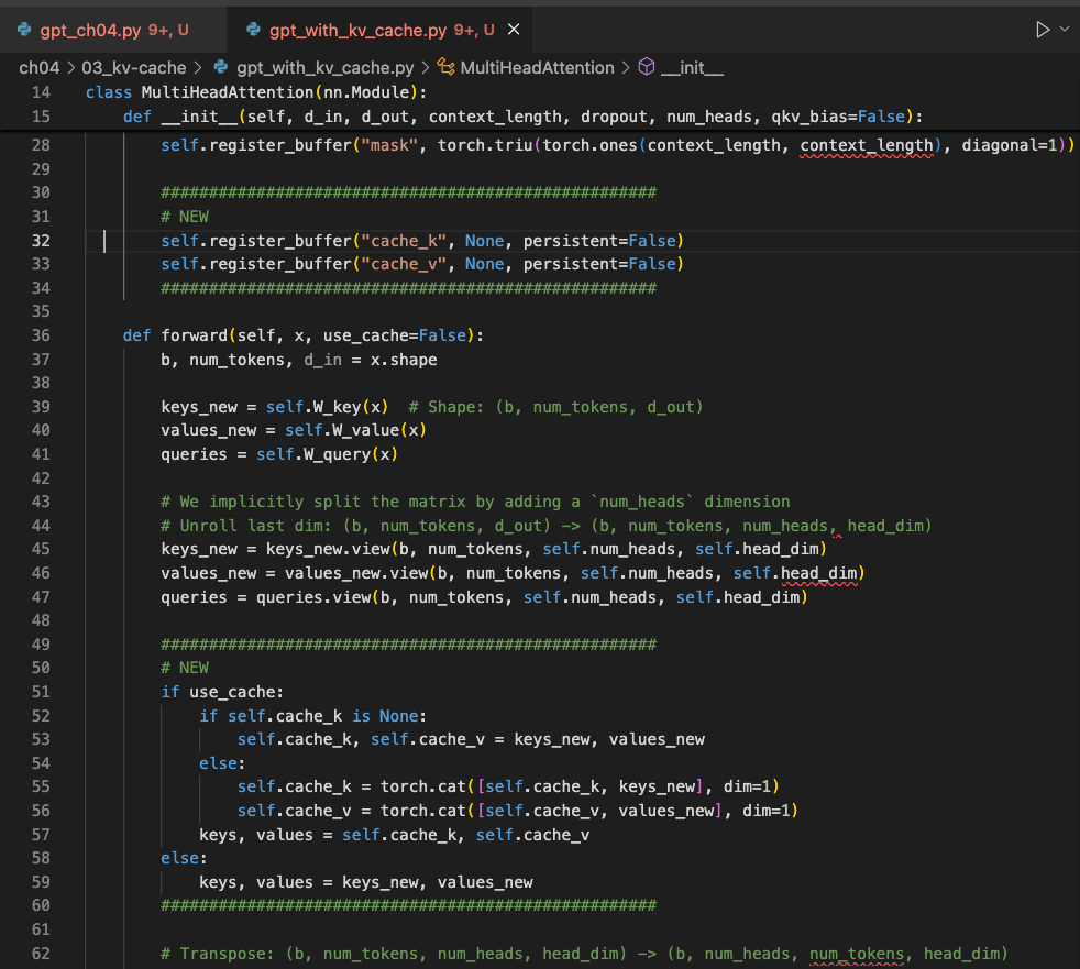 The implementation adds cache buffers and appends new keys and values during decoding